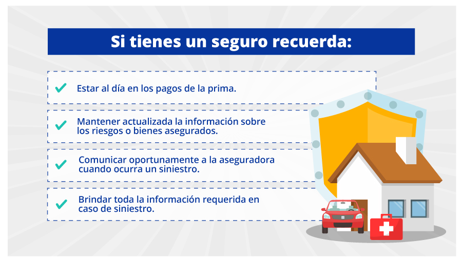 Si tienes un seguro recuerda estar al día en los pagos, comunicar oportunamente a la aseguradora en caso de siniestro y brindarle toda la información requerida.